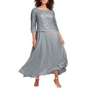 Roamans Sequin Lace Popover Gown Size 28W Gray A-Line Mother of the Bride Dress
